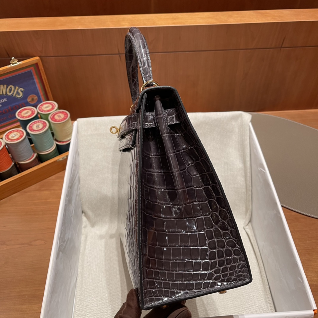 에르메스 켈리백32 브라운 금장 샤이니 악어가죽